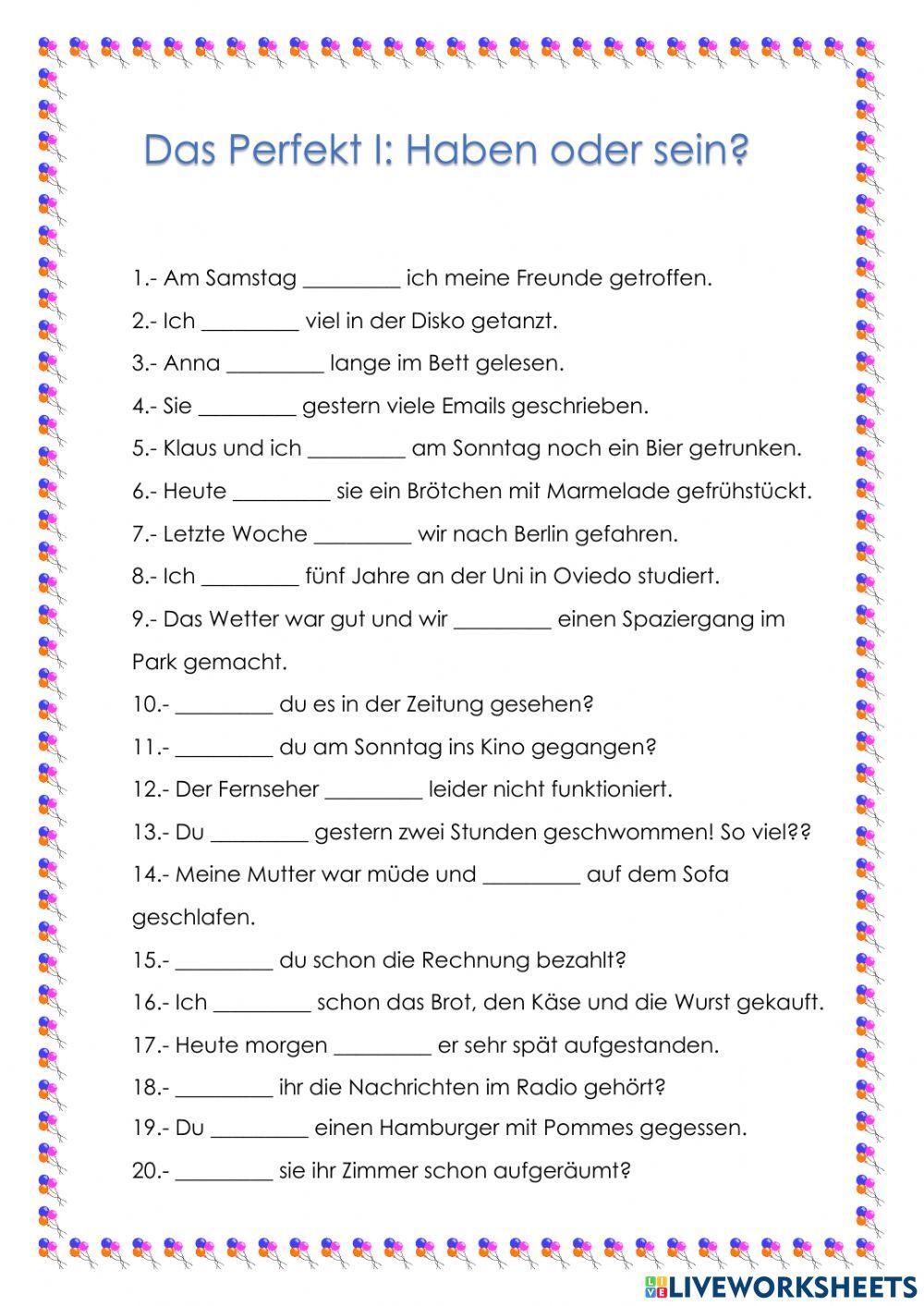 Das Perfekt online worksheet for A1