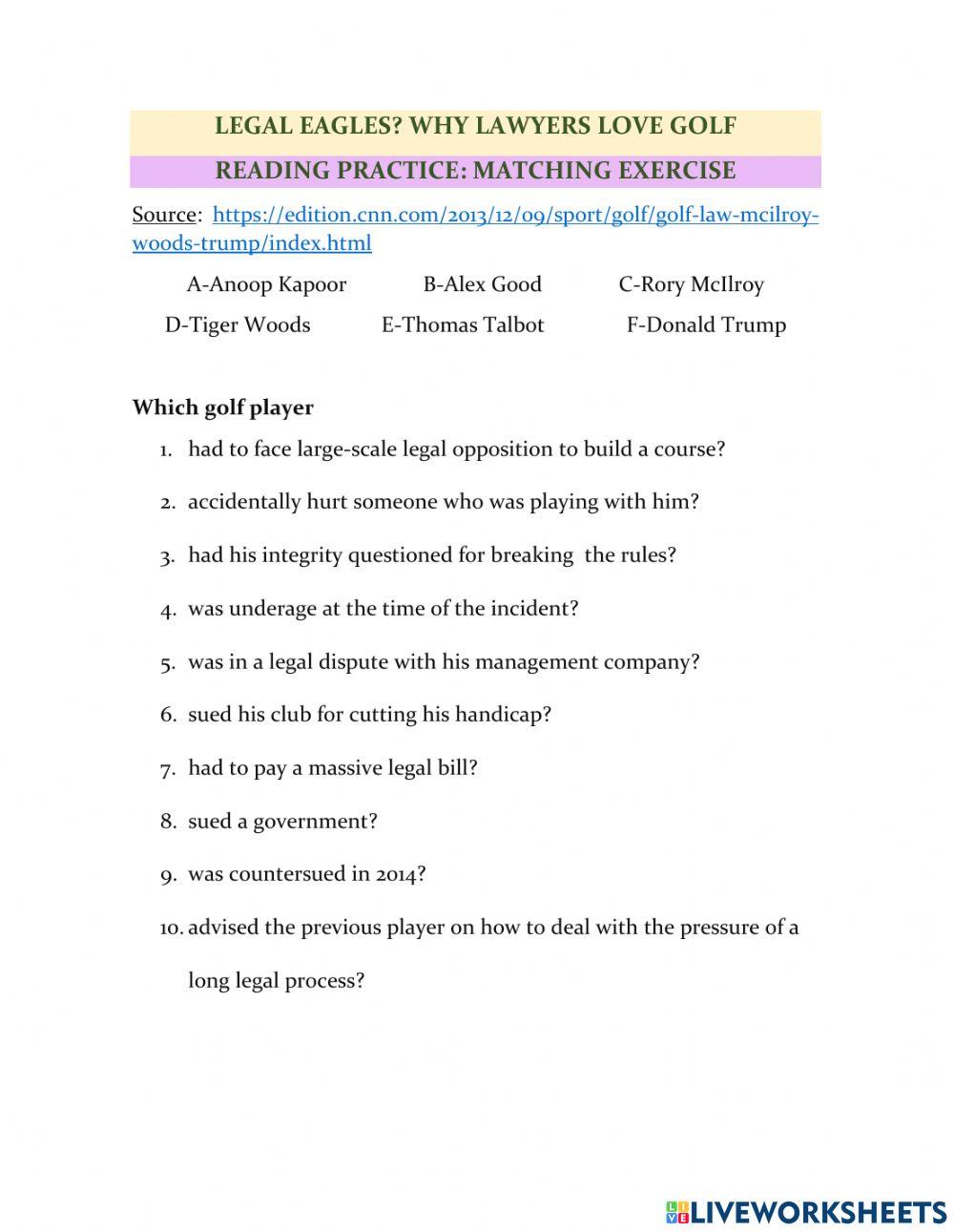 Reading Comprehension: Law and Golf Matching Exercise