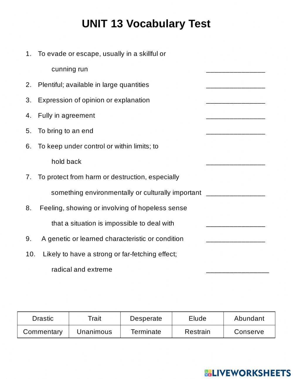 Unit 13 Vocab for 6th Grade