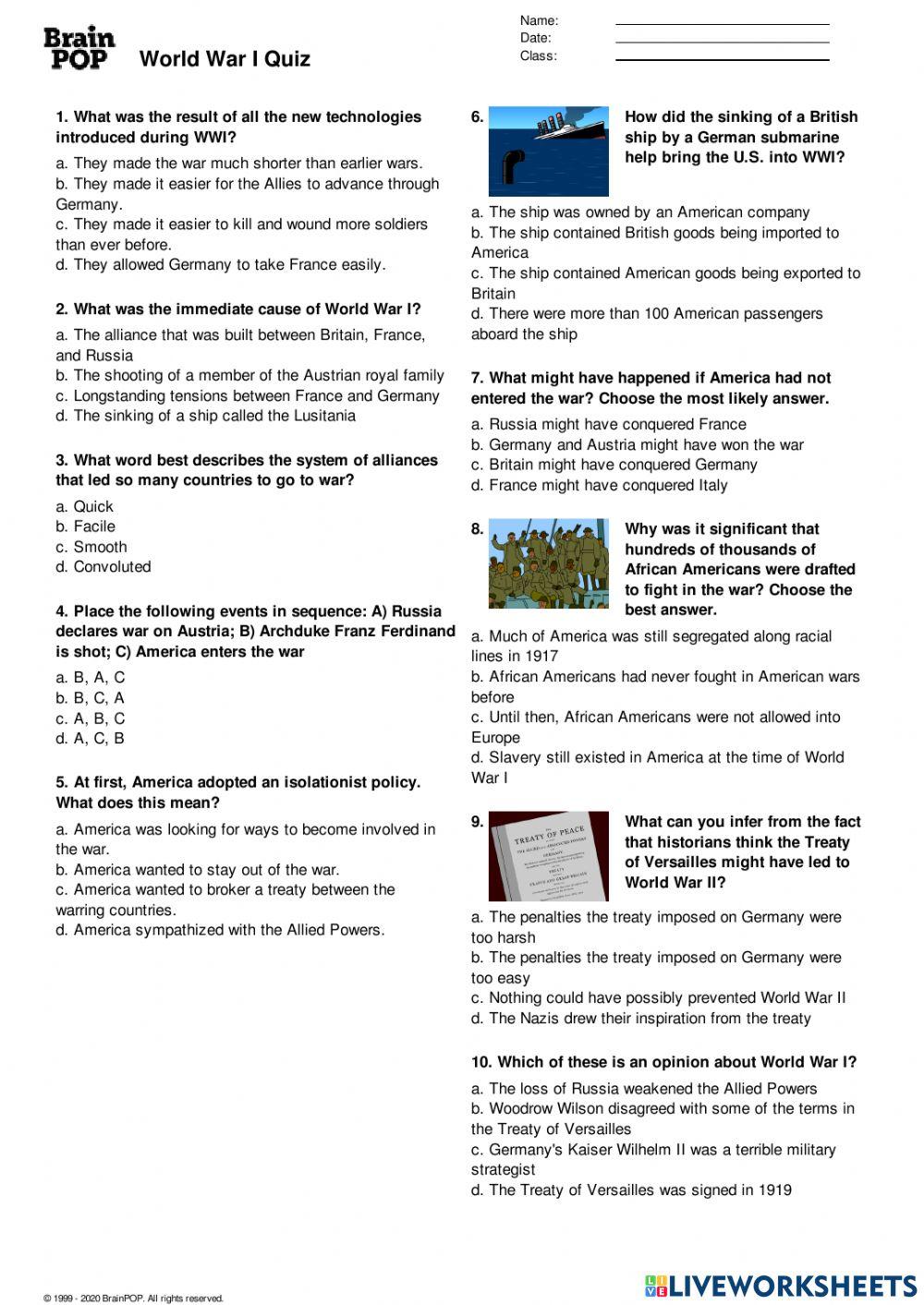 Brain Pop World War I Worksheet