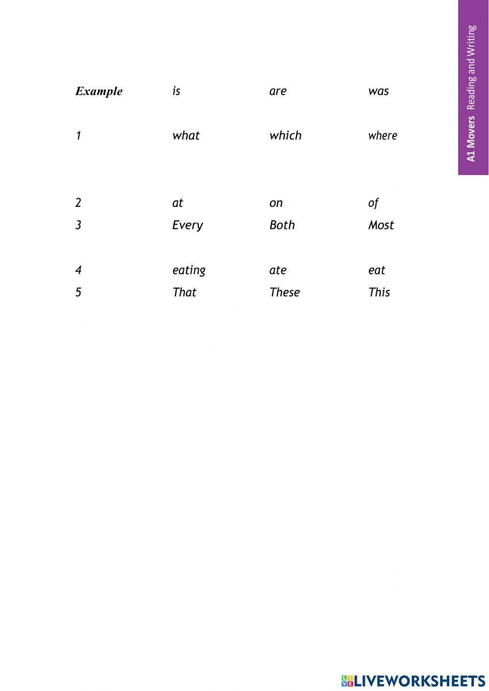Reading and writing movers test worksheet Live Worksheets