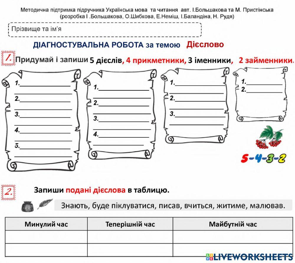 Діагностувальна робота-Дієслово-3 кл-Большакова