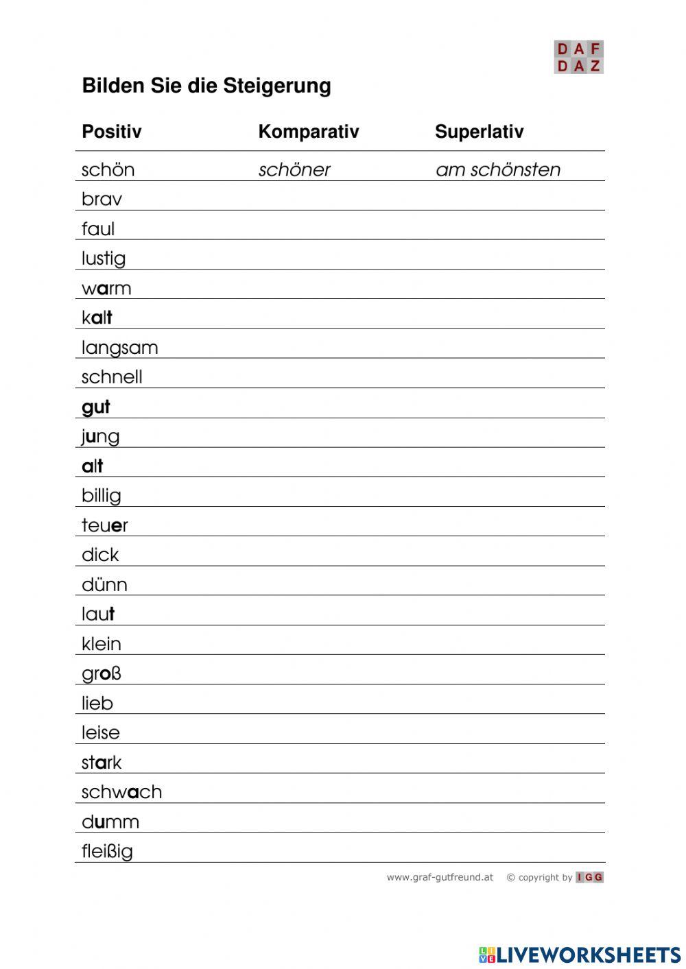 Steigerung Von Adjektiven Englisch übungen Pdf Vorbereitungskurs Steigerung der Adjektiven wdh. online exercise for