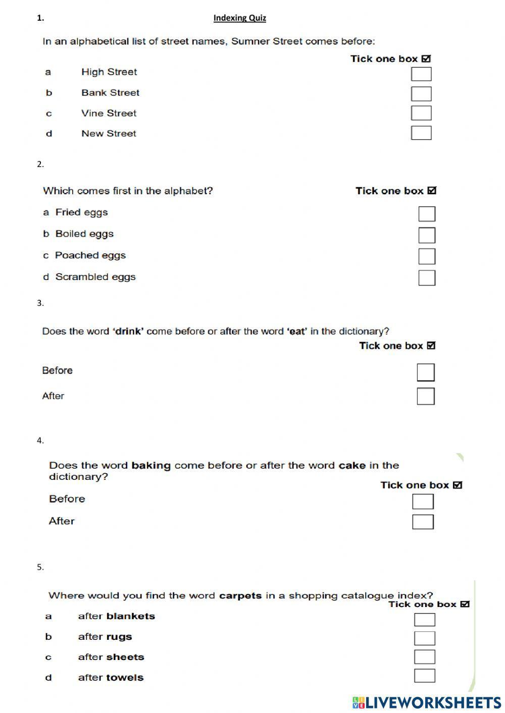 Indexing quiz worksheet Live Worksheets