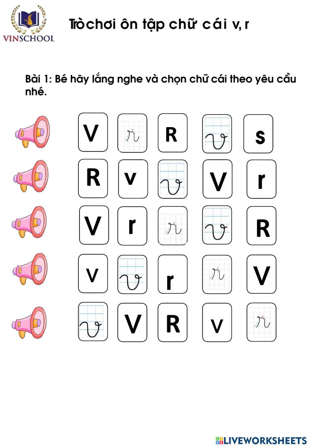 Trò chơi ôn tập chữ cái v, r
