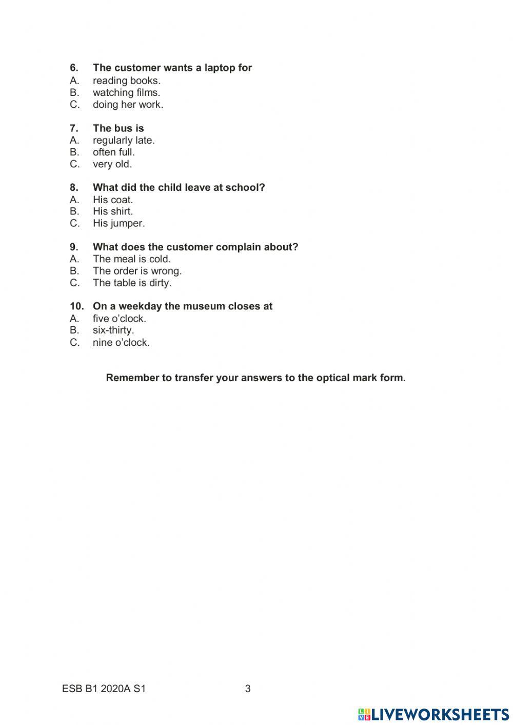 ESB B1 2020A LISTENING