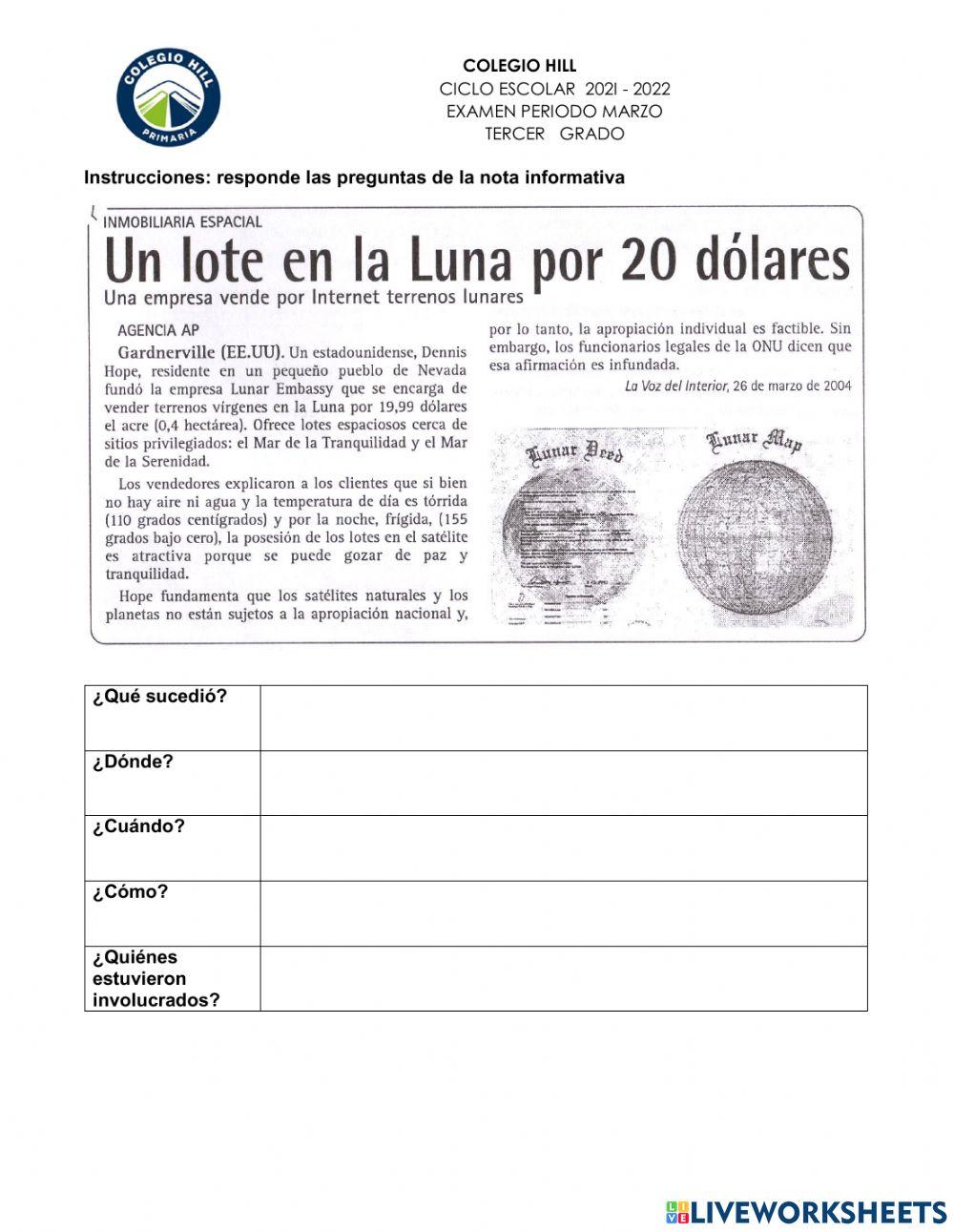 Examen de español tercer grado