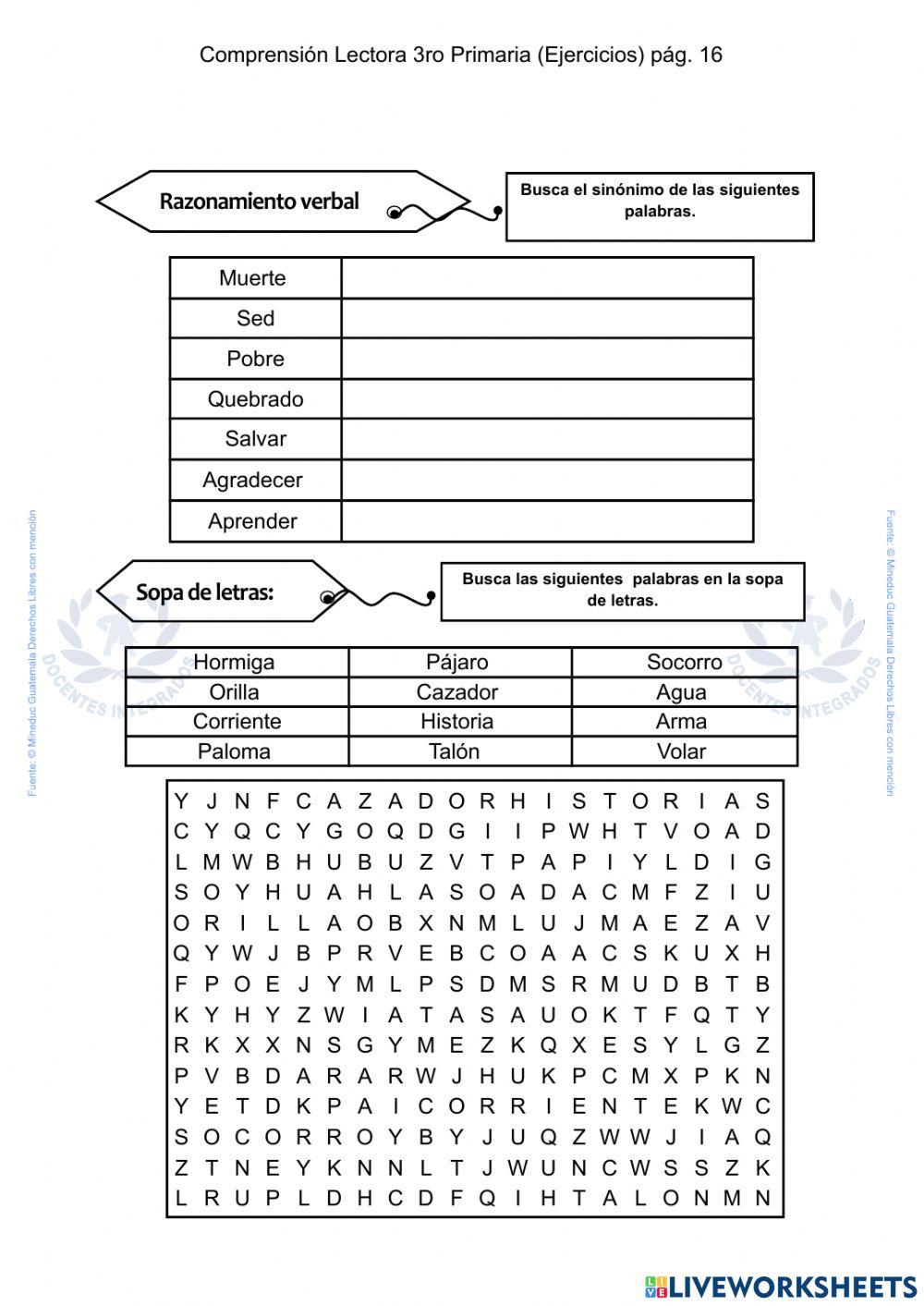 Ejerciccios de Comprensión Lectora pág. 15 - Sopa de letras
