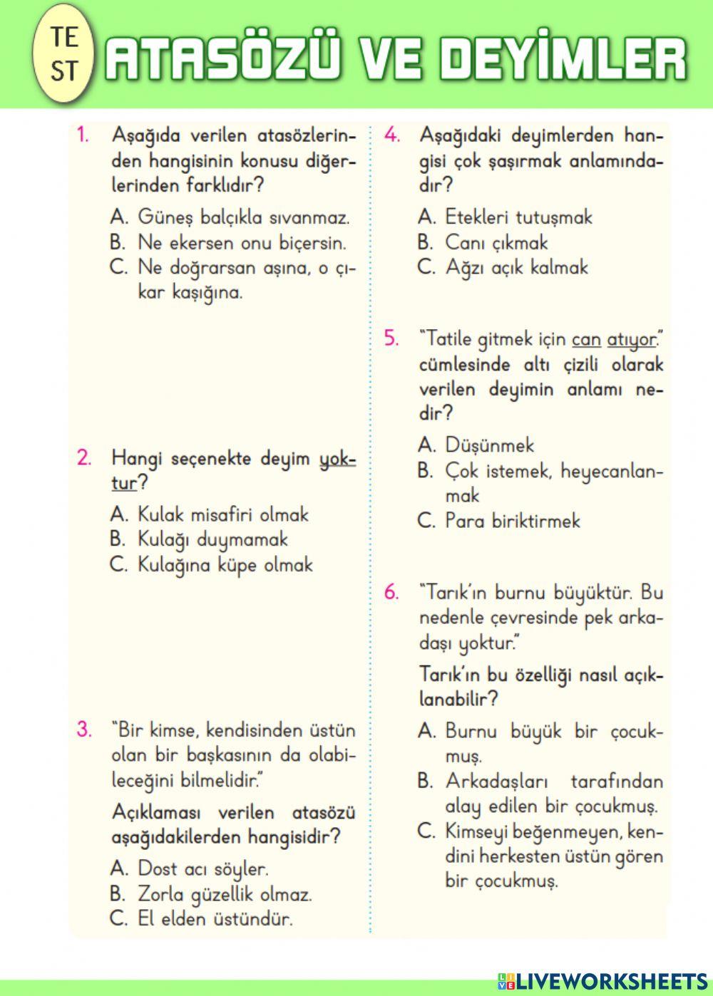 Atasözü ve Deyimler Test