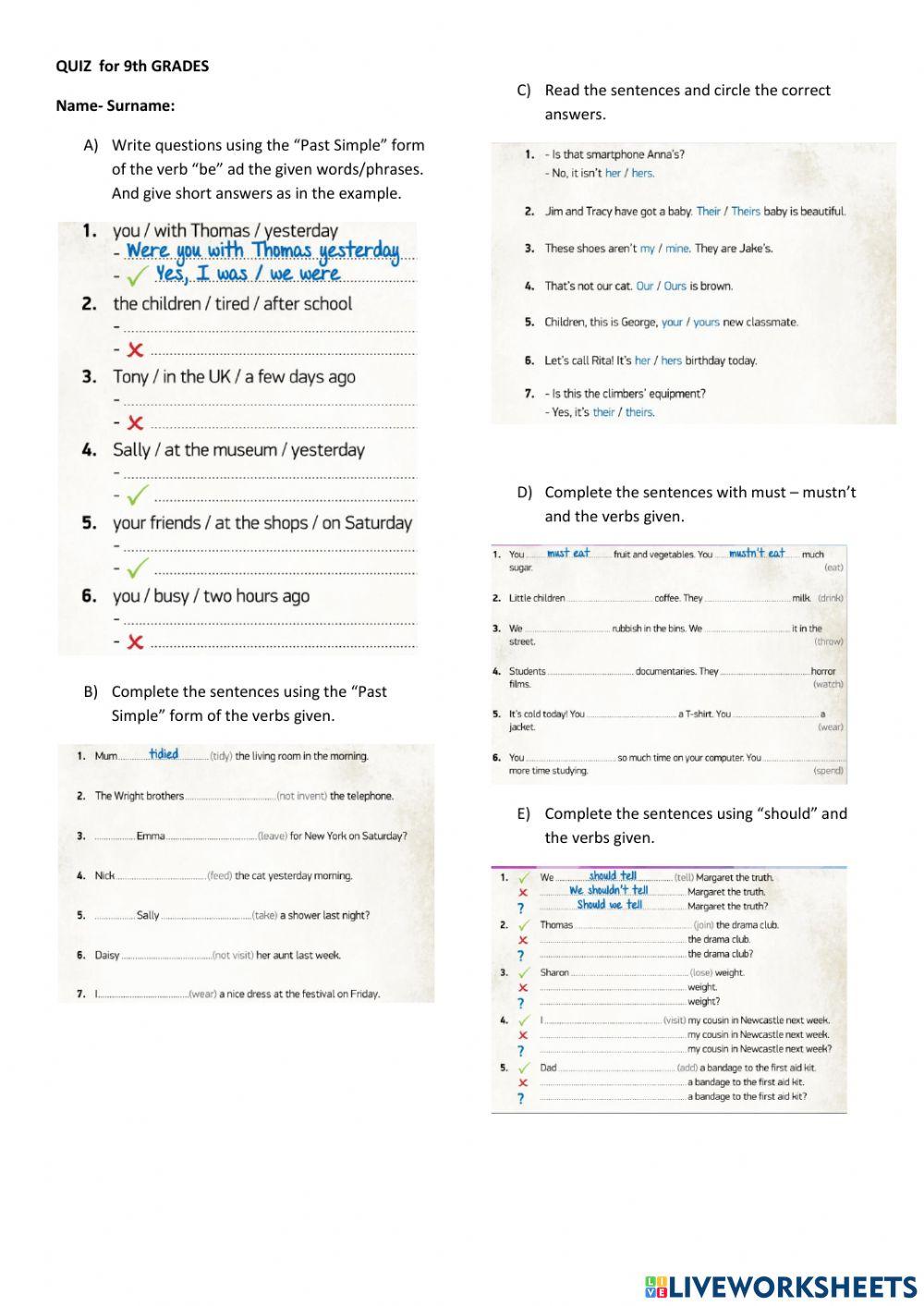 QUIZ 1 for 9th grades