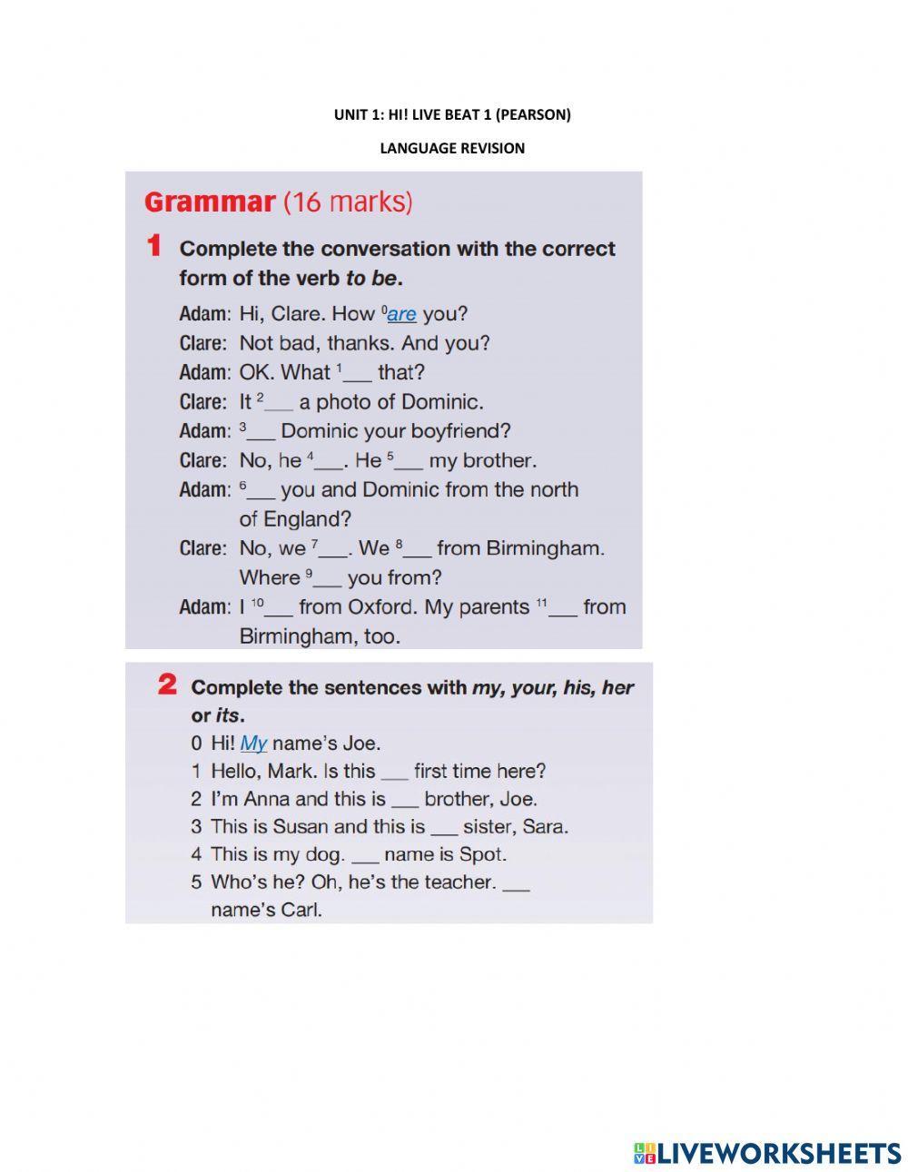 Language Revision Unit 1 Live Beat 1