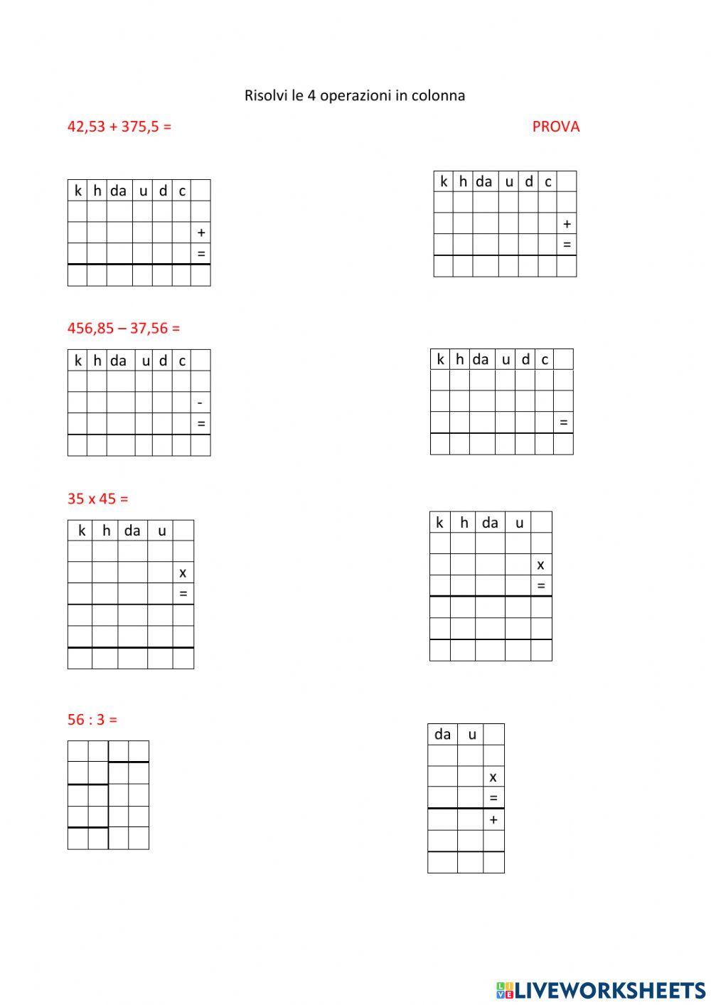 Operazioni in colonna con prova