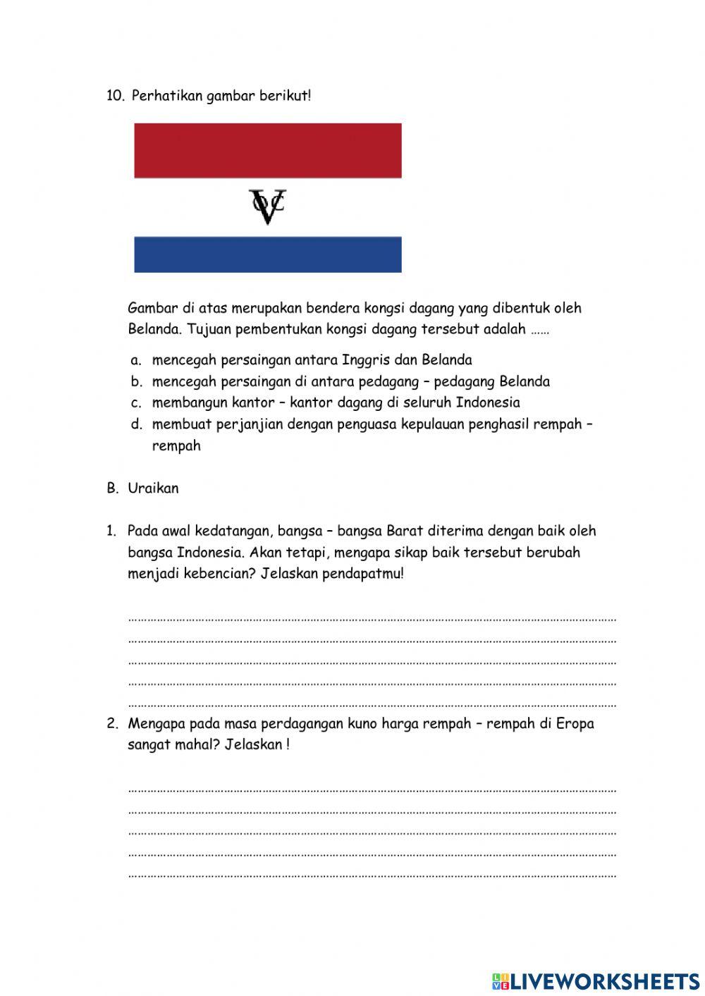 Latihan Soal IPS VIII Kedatangan Bangsa Barat di Indonesia