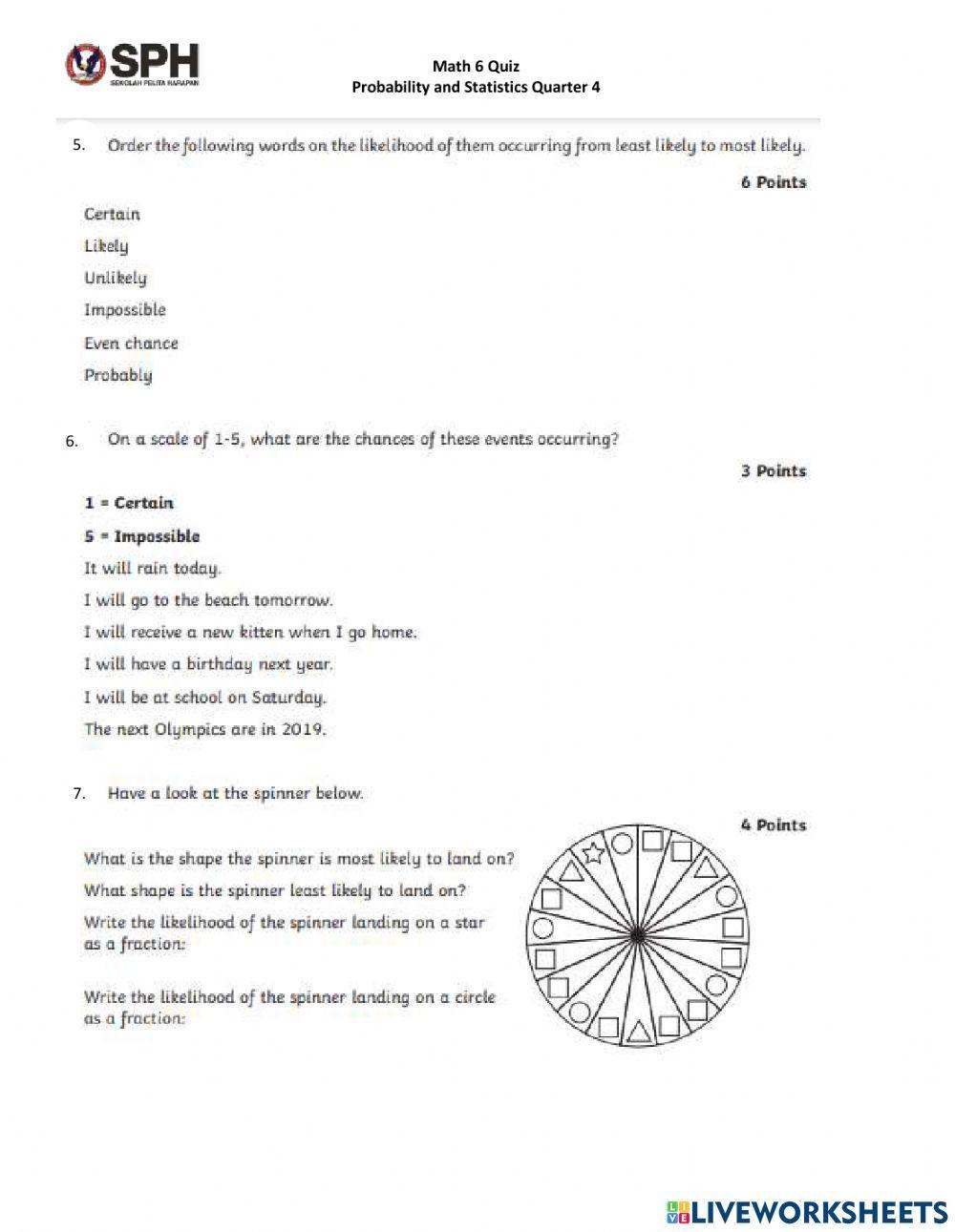 Math 6 Quiz Statistics and Probability