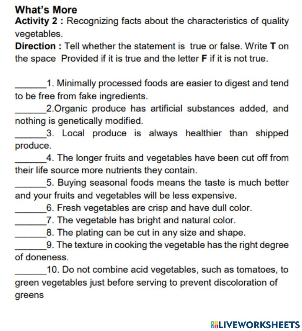 Characteristics of Quality  Vegetables
