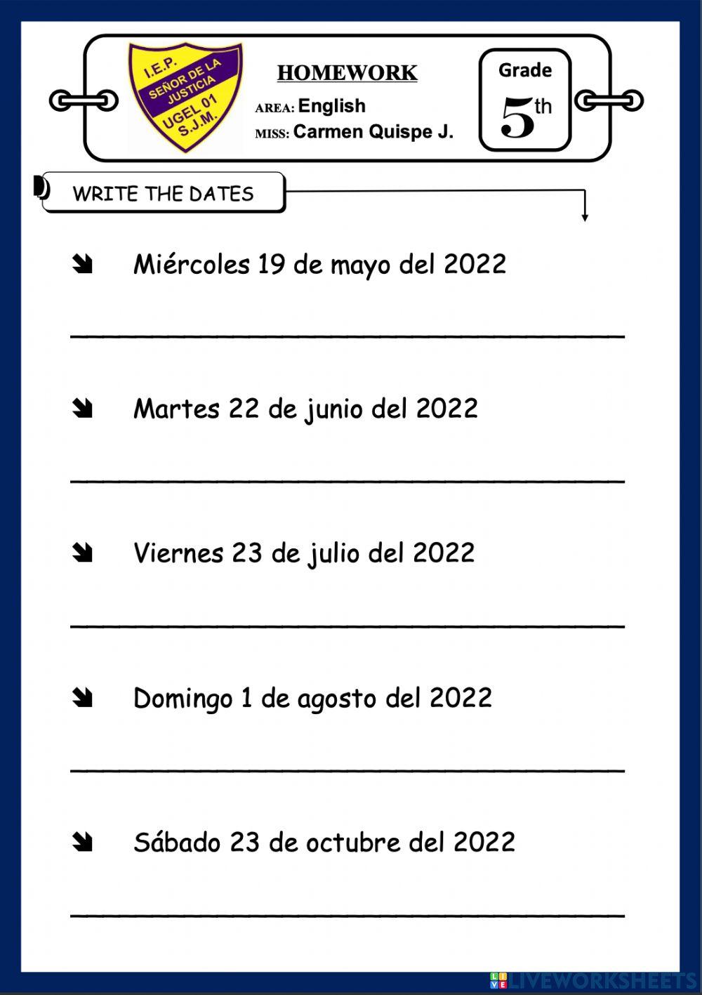 Dates online exercise for QUINTO GRADO | Live Worksheets
