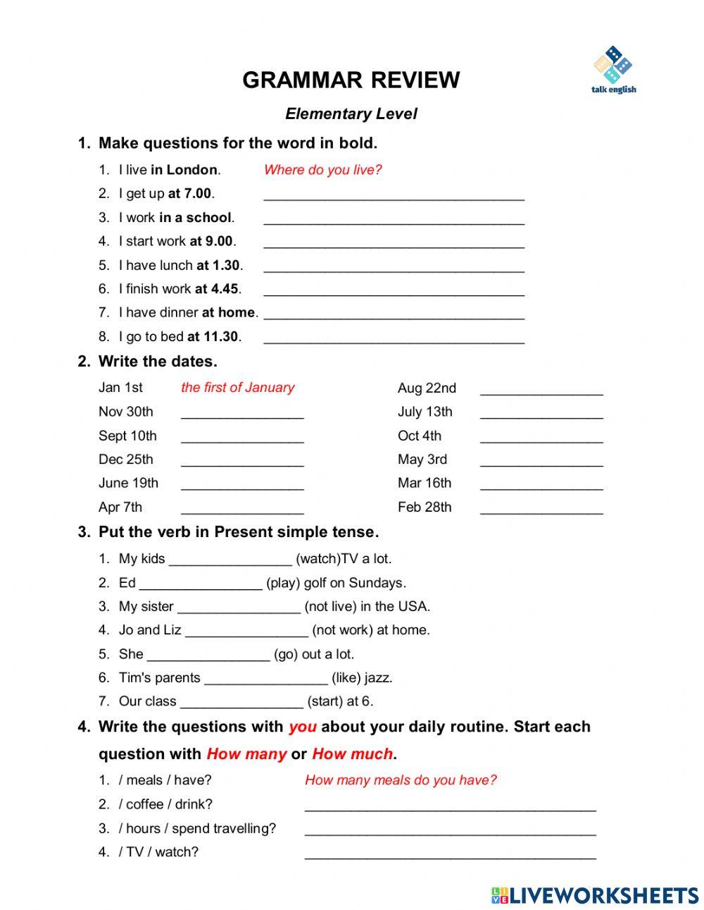 GRAMMAR REVIEW Elementary Level