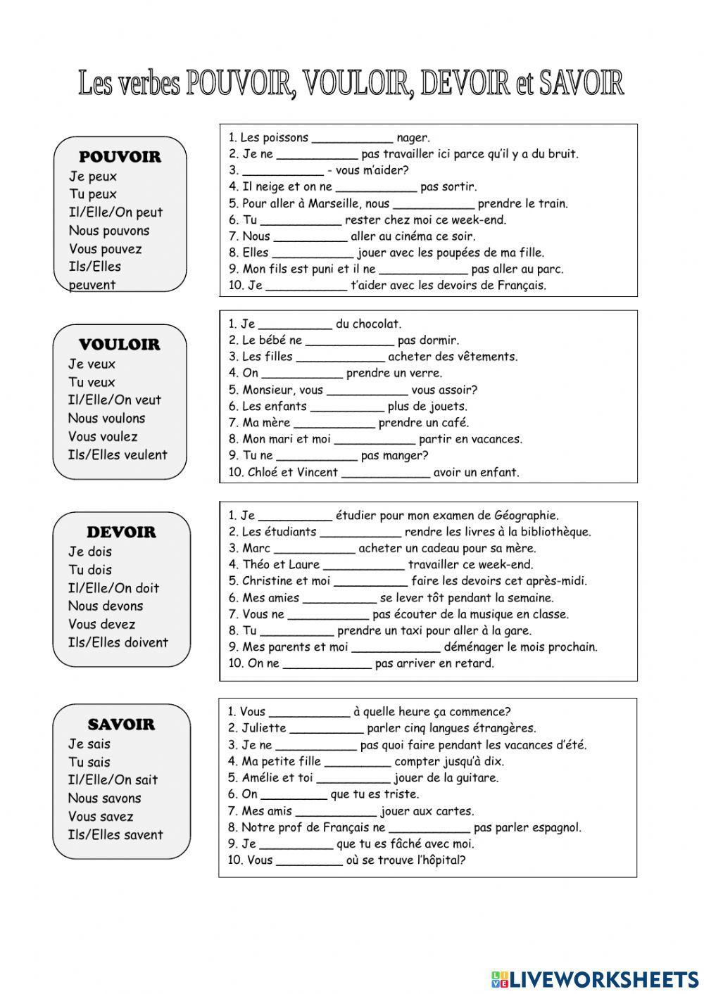 Verbes pouvoir, vouloir, devoir et savoir