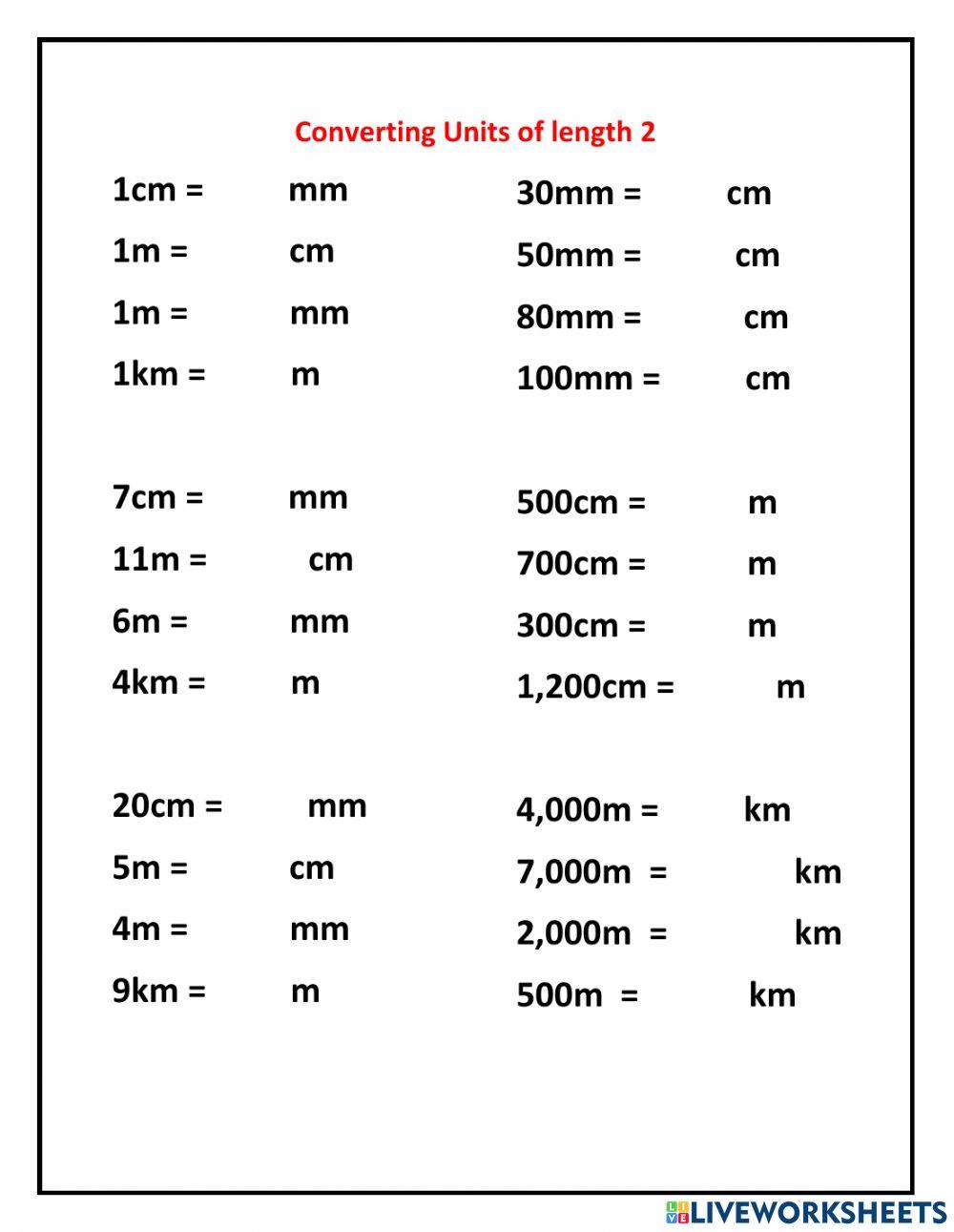 Convert units of length 2 worksheet | Live Worksheets