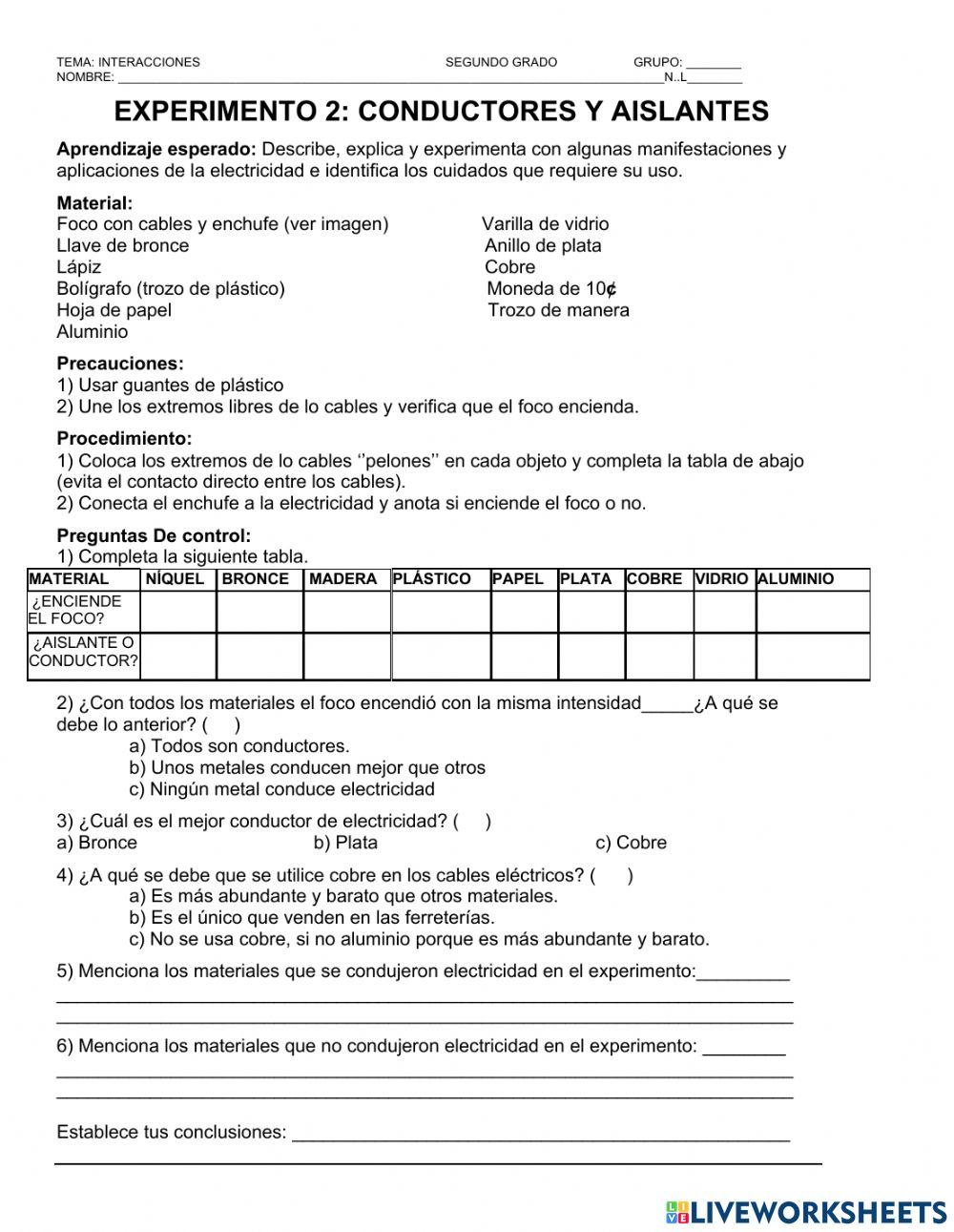 Experimento 2. Conductores y aislantes