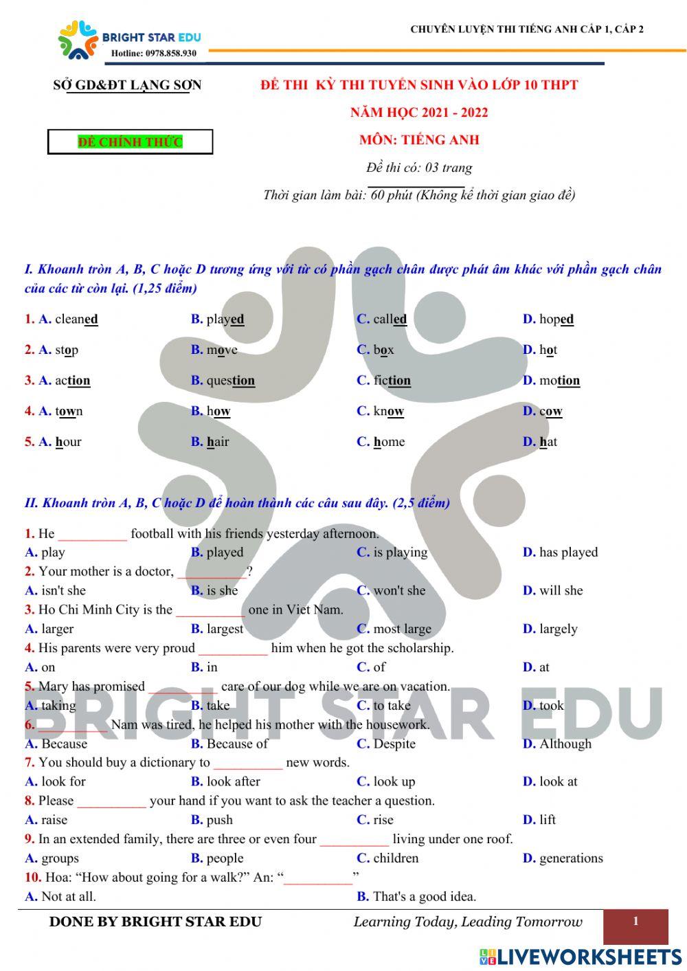 De thi vao 10 - So GD Lang Son ( 2021-2022)