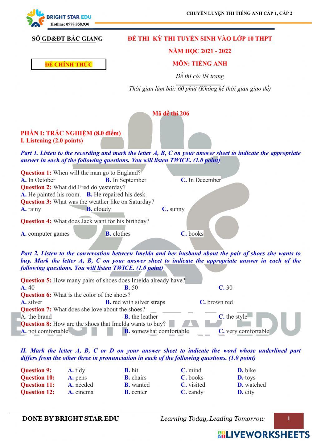 De thi vao 10 - So GD Bac Giang (2021-2022)