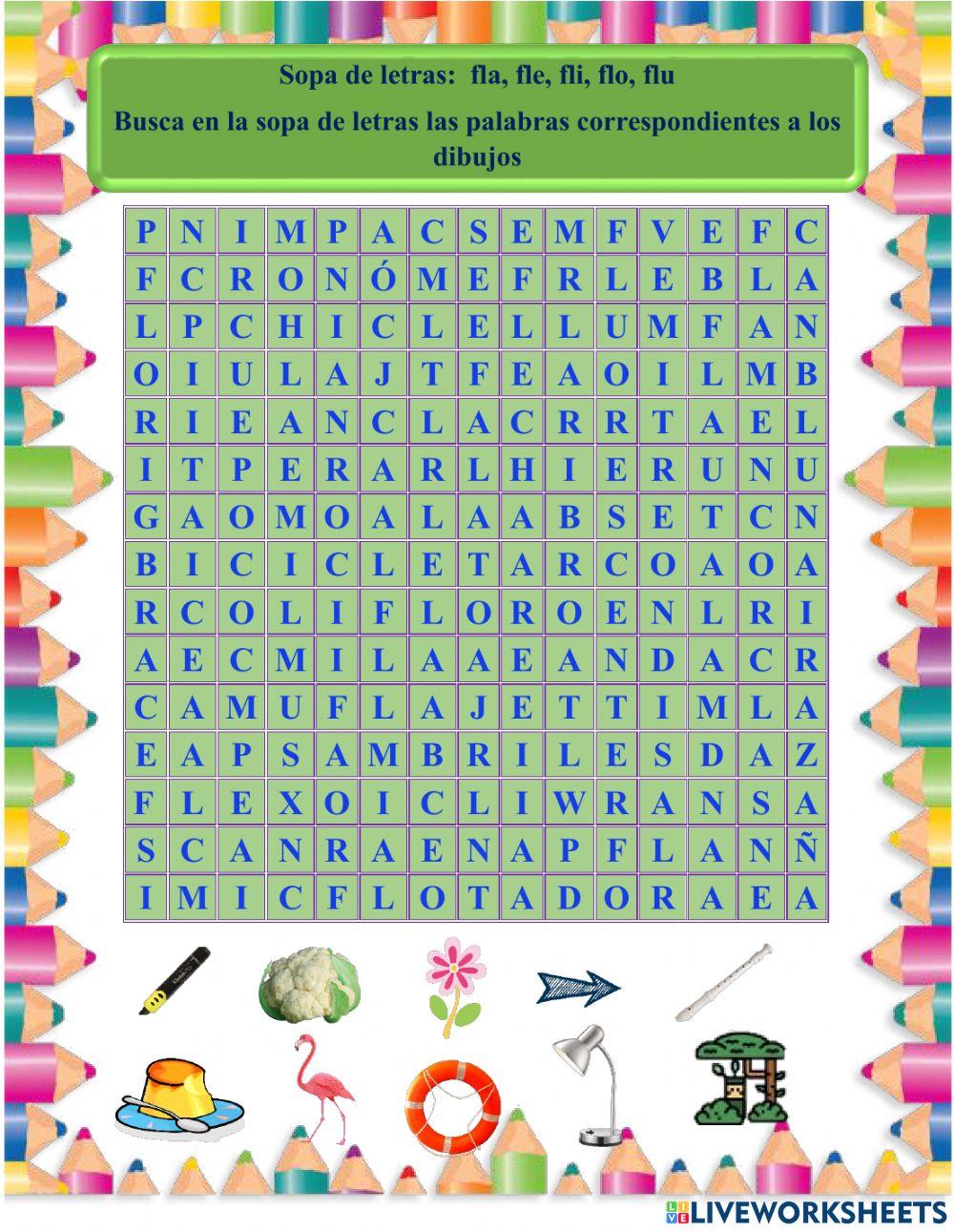 Sopa de letras (fla,fle,fli,flo,flu)