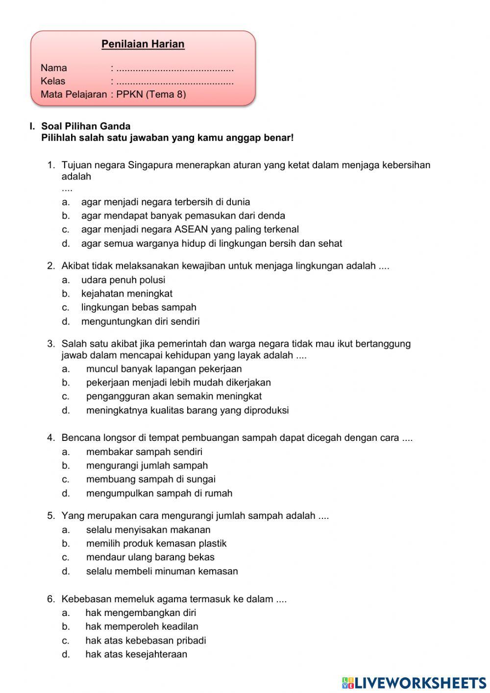 Penilaian Harian PPKN Tema 8