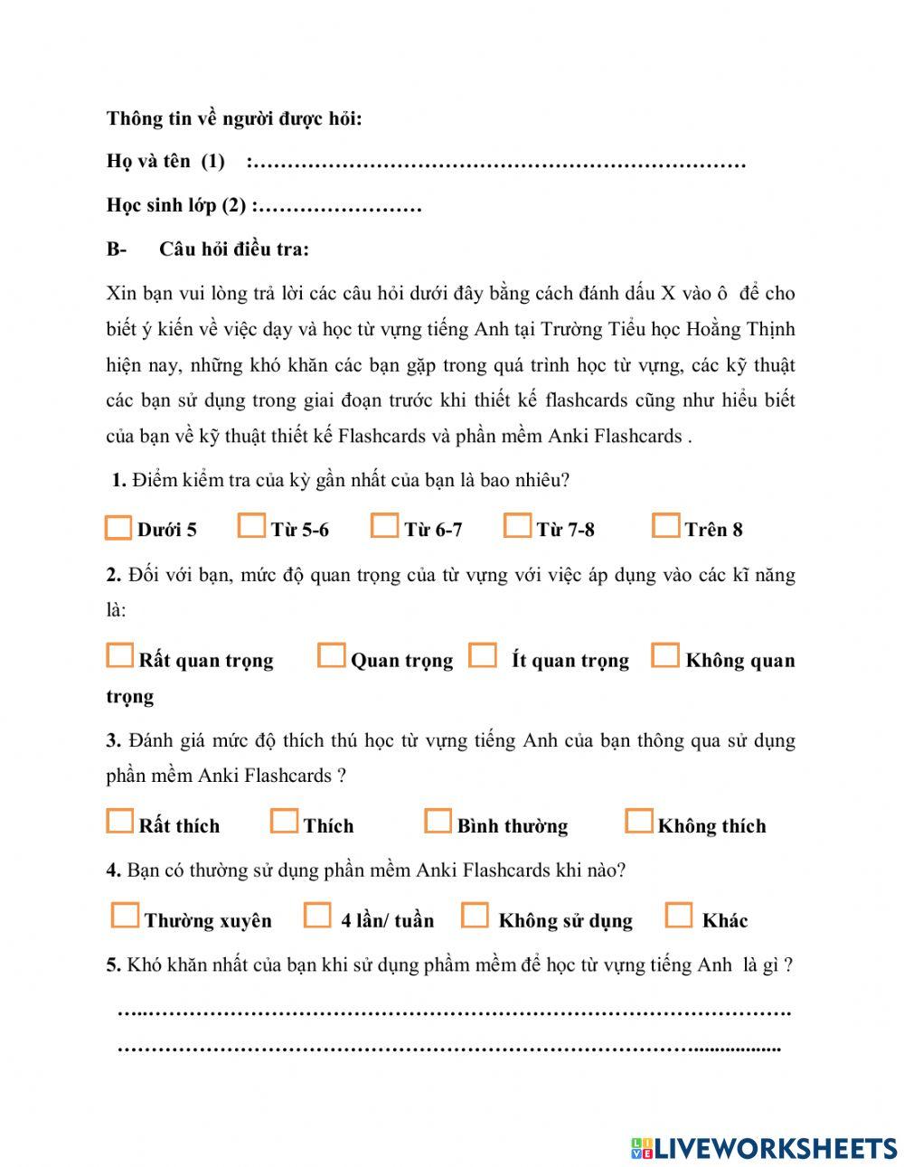 Phiếu đánh giá và phiếu bài tập trước và sau khi thử nghiệm học từ vựng tiếng anh qua ứng dụng Anki Flashcards