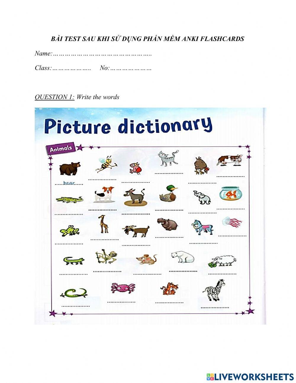 Phiếu đánh giá và phiếu bài tập trước và sau khi thử nghiệm học từ vựng tiếng anh qua ứng dụng Anki Flashcards