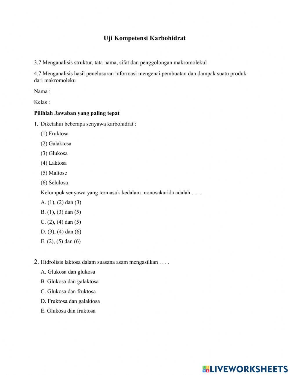 Uji Kompetensi Karbohidrat