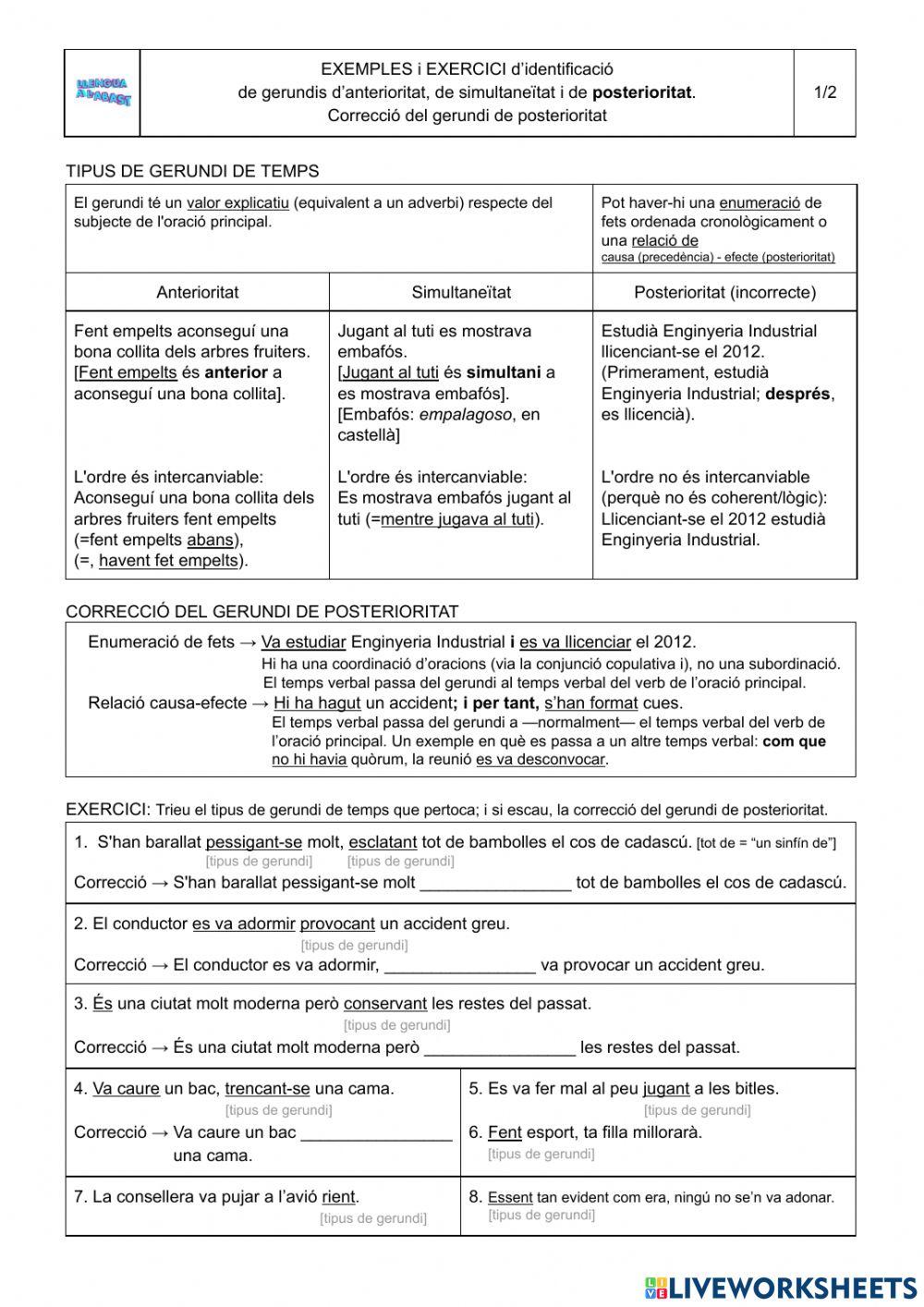 EXERCICI d'IDENTIFICACIÓ de gerundis d'anterioritat, de simultaneïtat i de posterioritat (i CORRECCIÓ d'aquest)