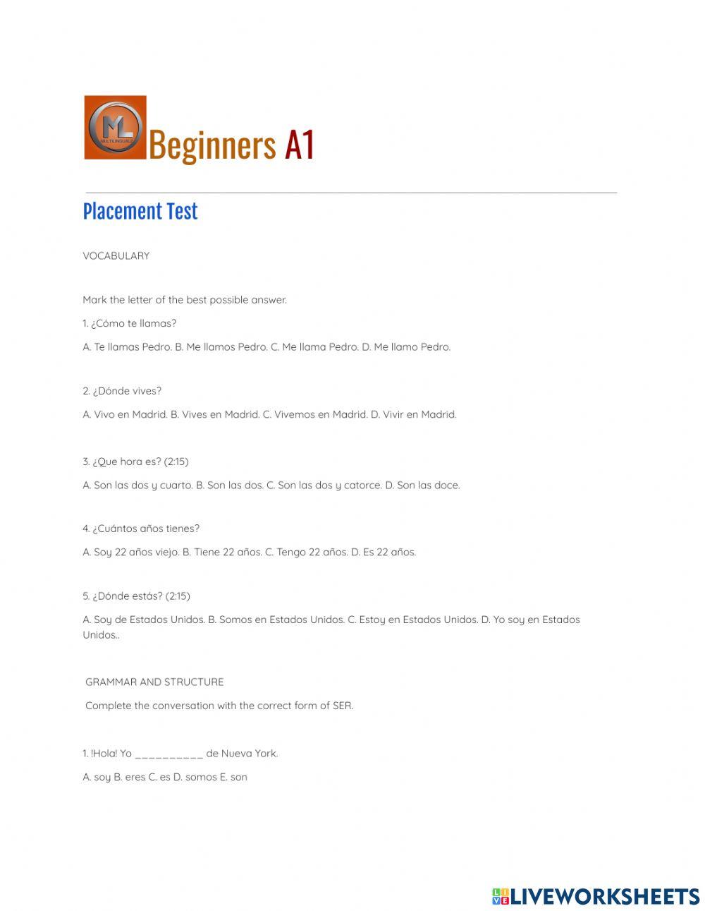 Placement test a1 beginners spanish online exercise for live worksheets