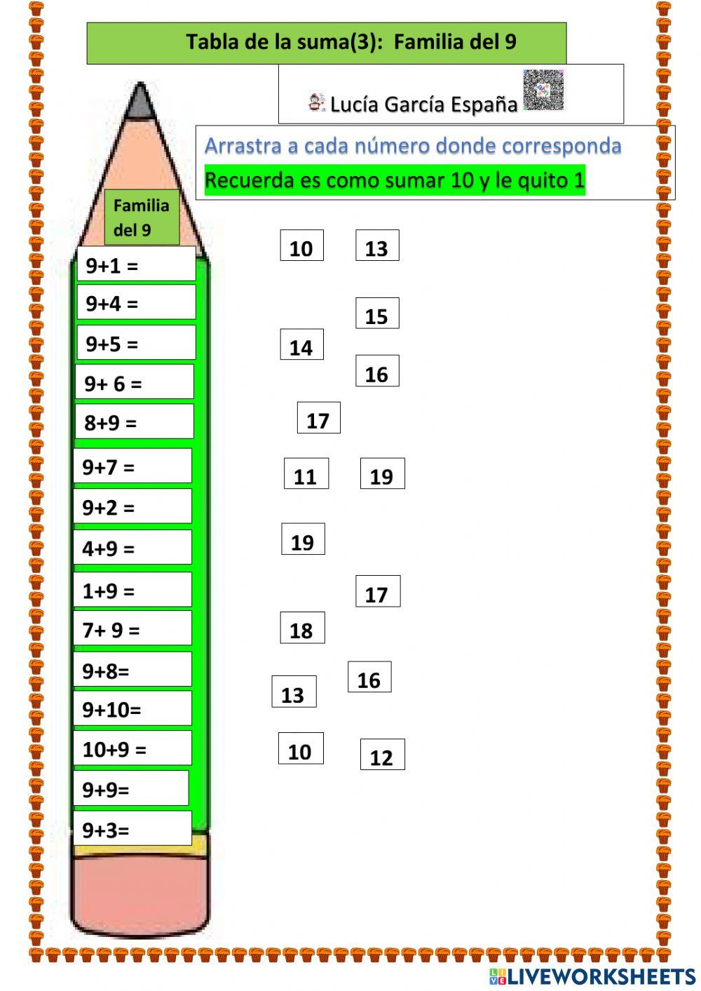 Tabla de la suma. Familia del 9