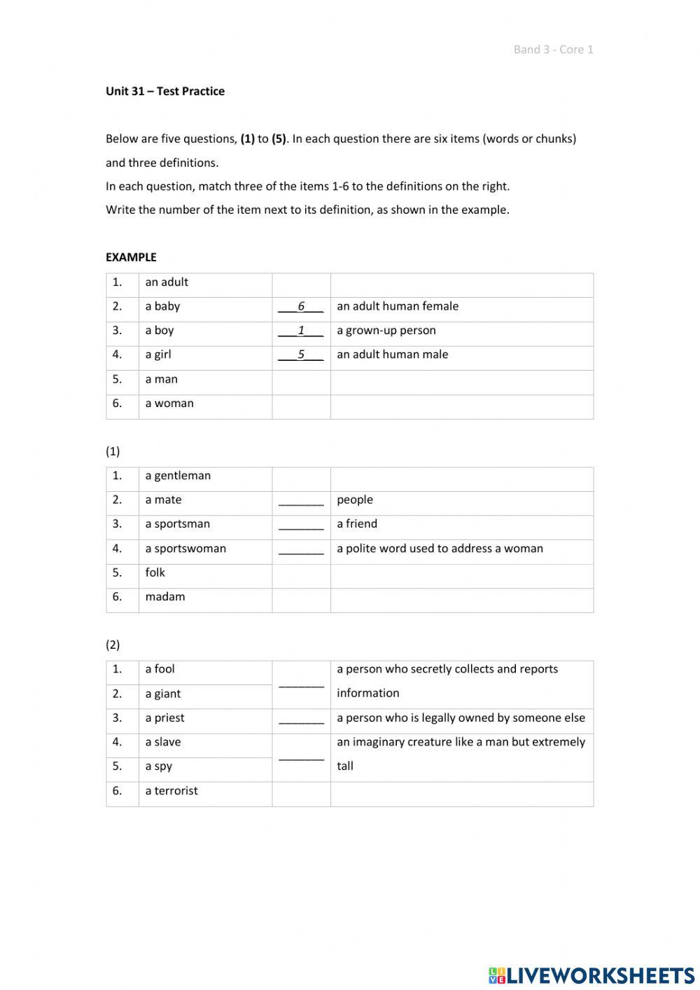 Band 3 (Core 1) - Unit 31 - Test