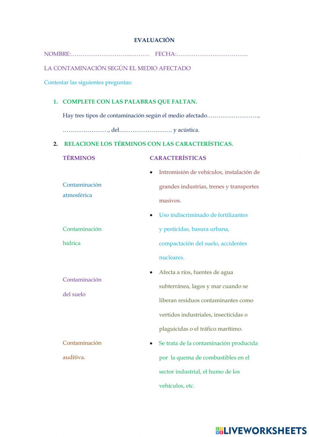 Contaminantes según el medio afectado.