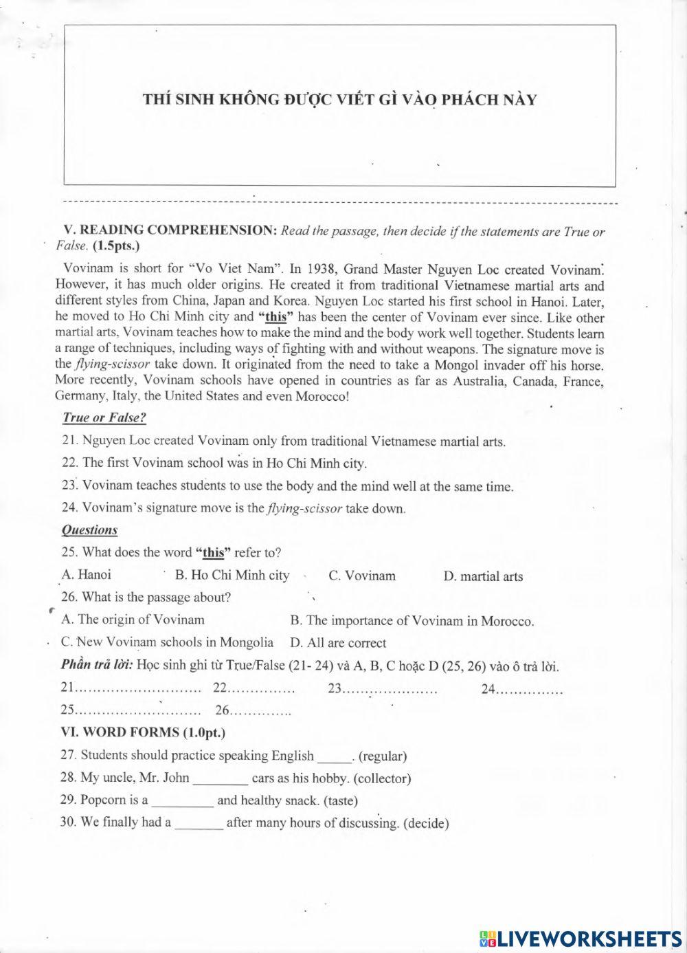 Đề thi tiếng Anh 7-HK2