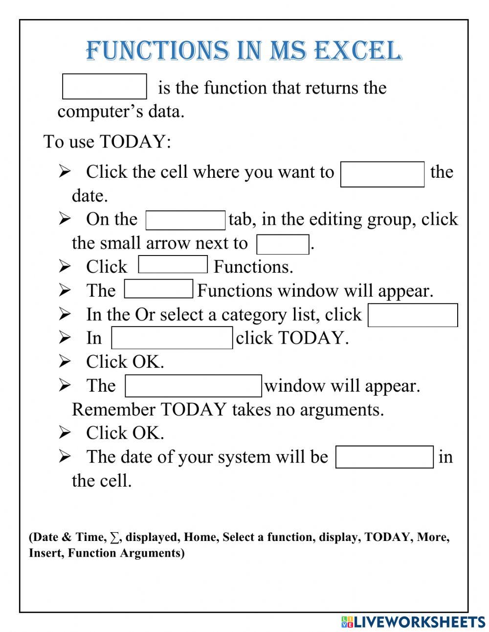 Functions in ms excel online exercise for live worksheets