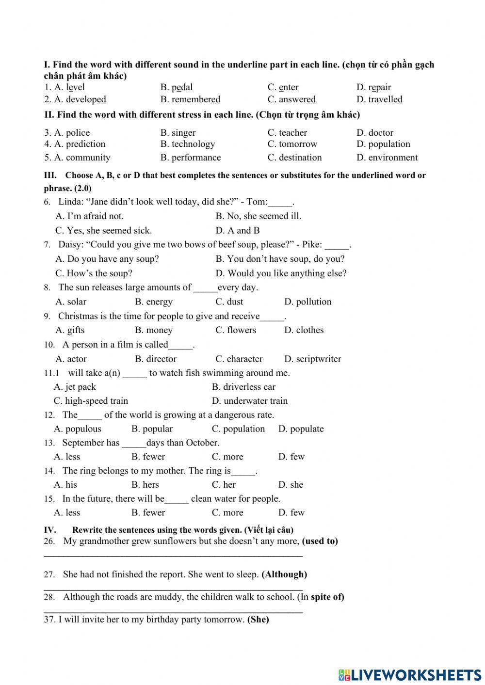 Đề cuối kỳ II lớp 7