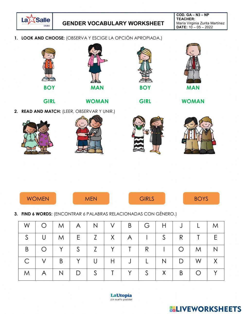 Gender vocabulary worksheet