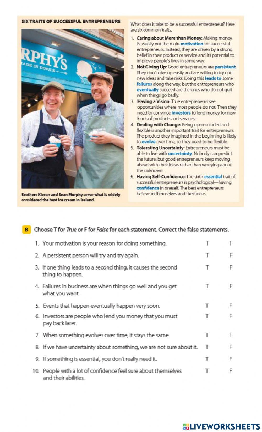 READING PRACTICE - ENTERPRENEURSHIP