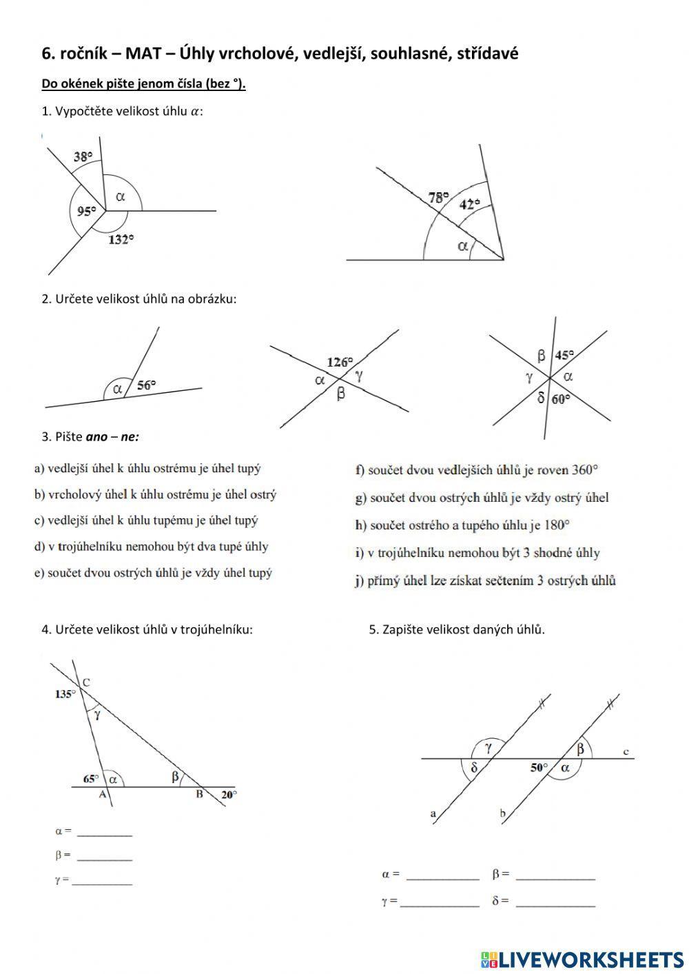 Úhly vedlejší, vrcholové, střídavé, souhlasné
