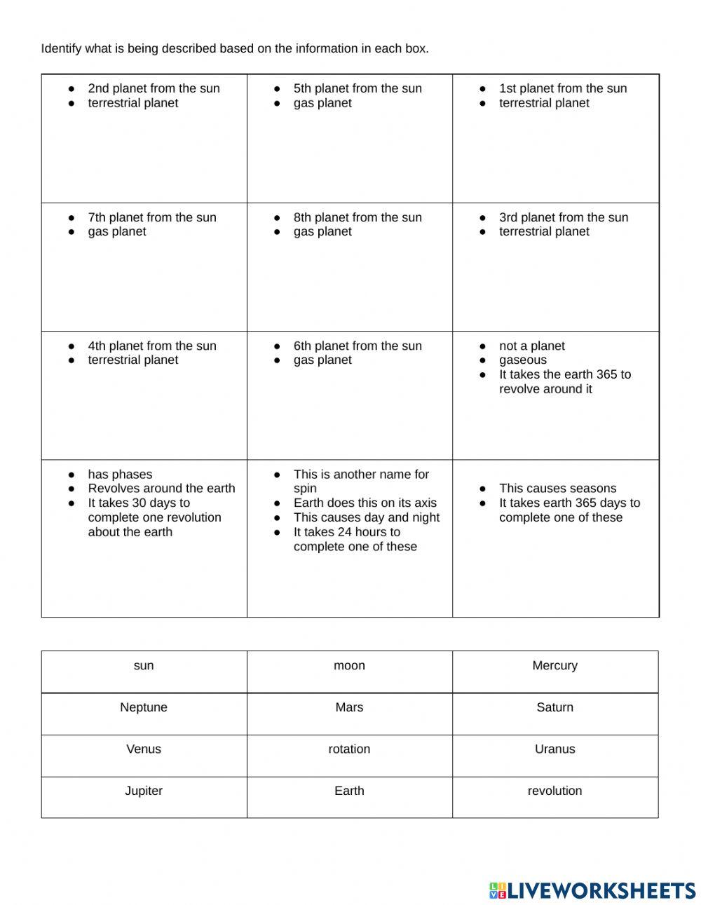 Planets, Moon, Sun, Revolution, Rotation Review