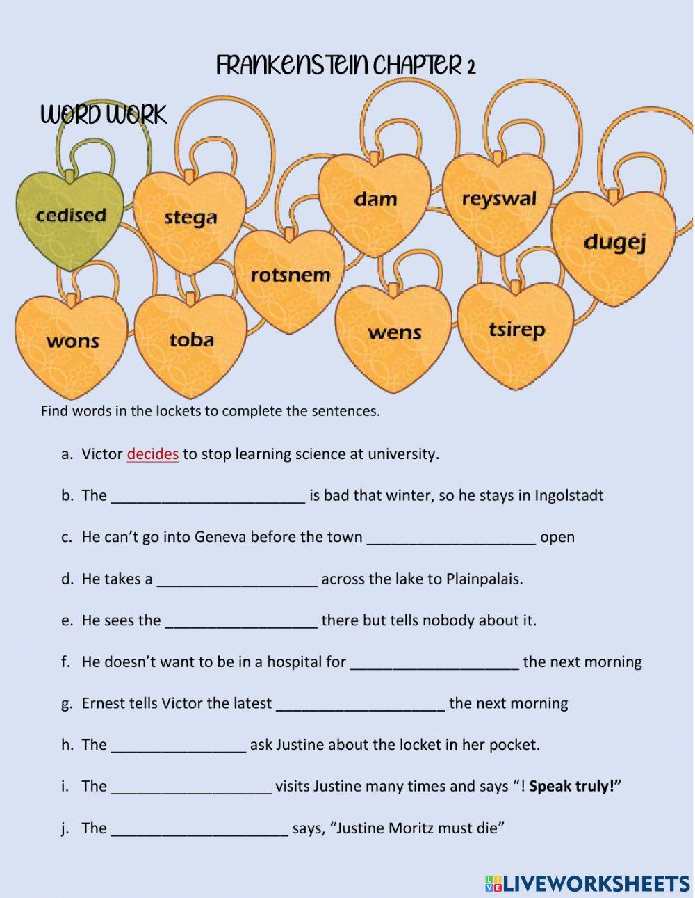 Frankenstein chapter 2 word work worksheet live worksheets
