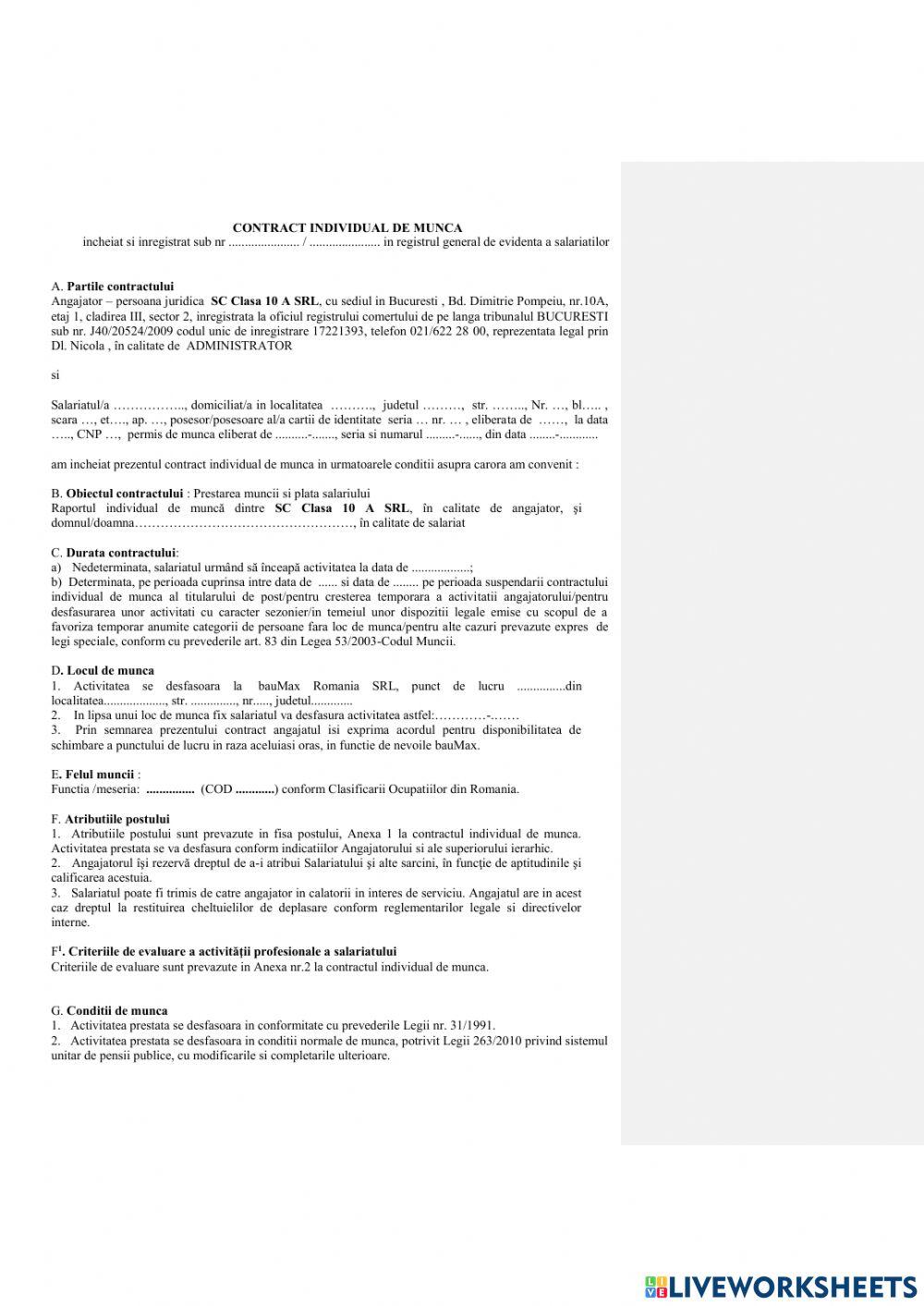 Contract individual de munca - 10 A