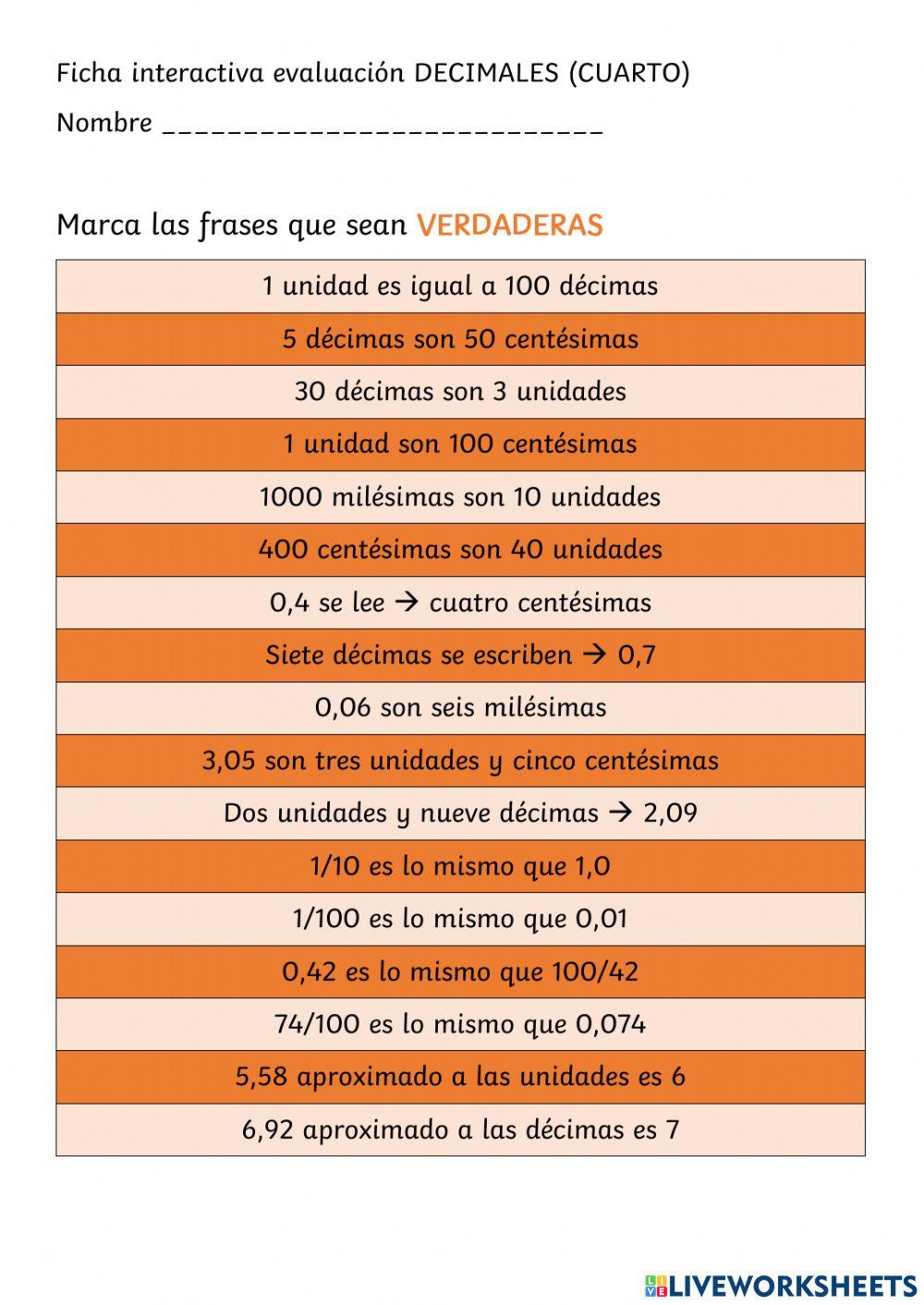 Ficha interactiva decimales cuarto