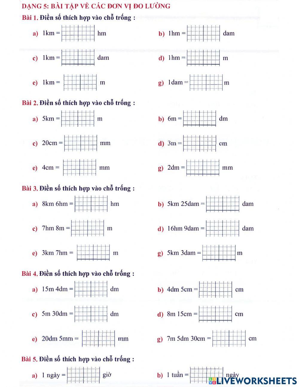 Toán 3 lên 4 - Dạng 5: Các đơn vị đo lường