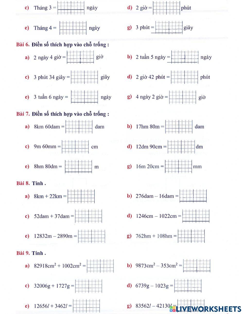 Toán 3 lên 4 - Dạng 5: Các đơn vị đo lường