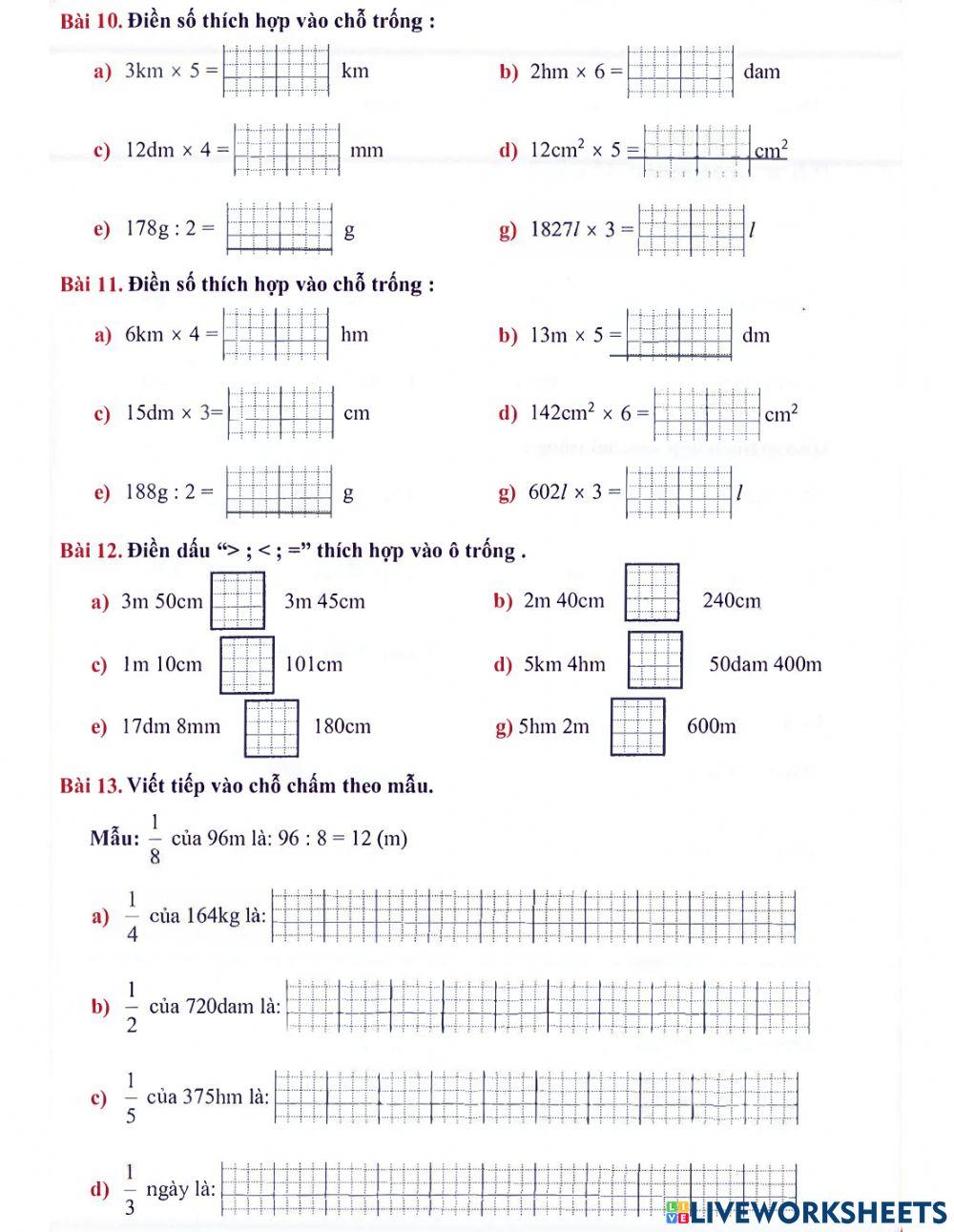 Toán 3 lên 4 - Dạng 5: Các đơn vị đo lường