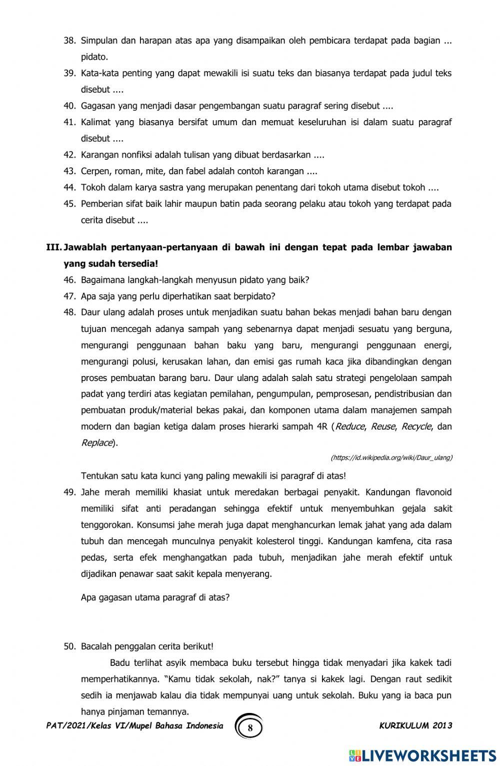 Latihan PAT Bahasa Indonesia